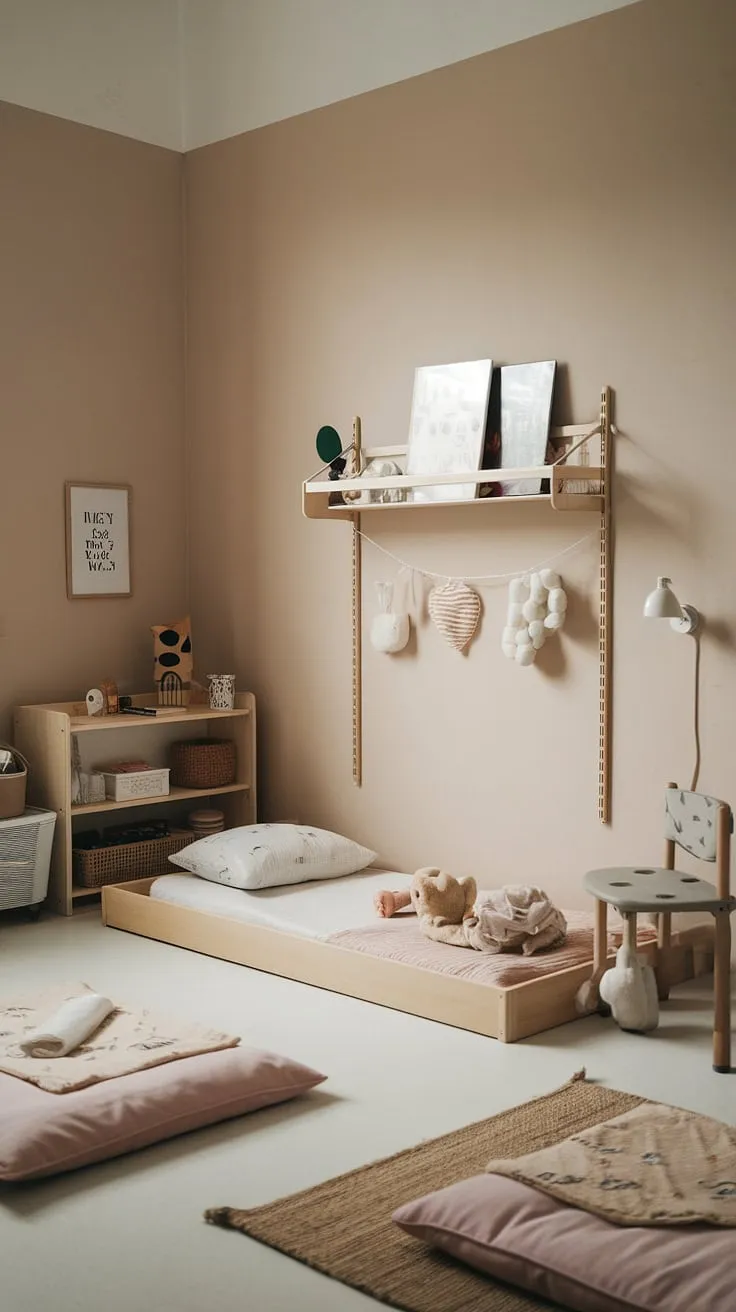 A serene shared space where childhood unfolds naturally. The minimalist design fosters independence and imaginative play, allowing each child their own haven within the calming atmosphere. A testament to the beauty of simplicity.
