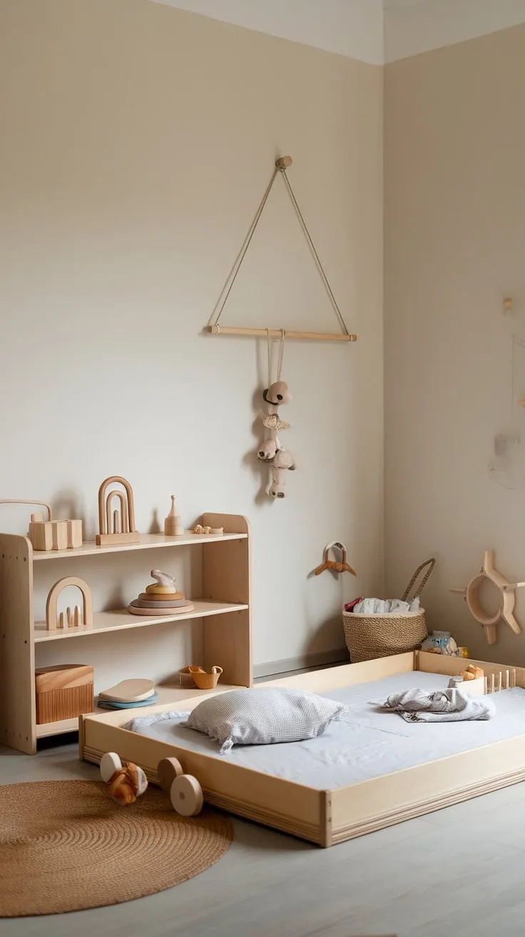 A haven of calm and learning, this minimalist Montessori nursery nurtures independent play and restful sleep. The low bed, carefully chosen toys, and soft rug create a space where a toddler can thrive. A perfect blend of simplicity and functionality.