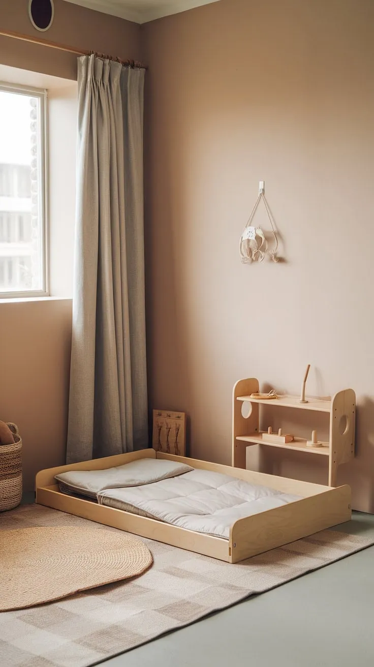 A haven of calm and learning: This minimalist Montessori nursery nurtures independent play and restful sleep, fostering a sense of peace and wonder in a child's world. The carefully curated space prioritizes functionality and natural materials, creating an environment conducive to growth and development.
