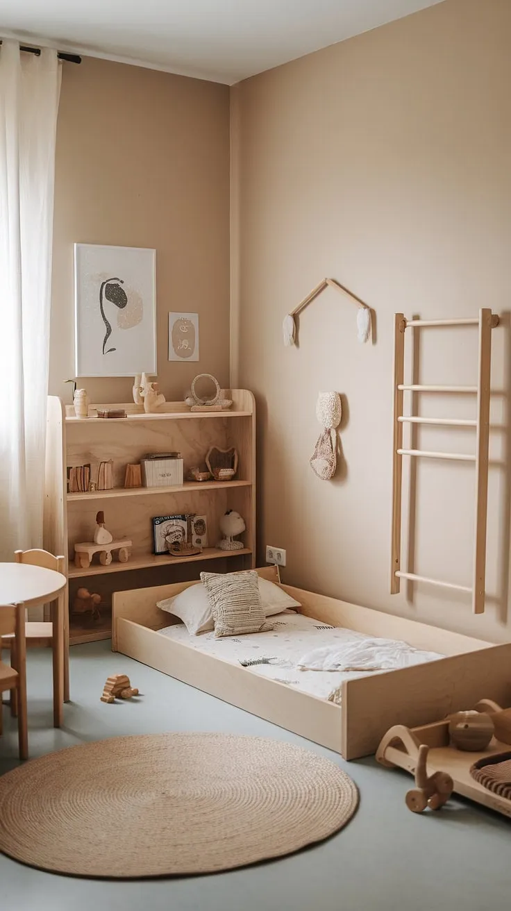 A haven of calm and learning, this minimalist Montessori nursery nurtures independence and creativity. The low floor bed, thoughtfully chosen toys, and child-sized furniture encourage exploration and self-directed play. A perfect space for little ones to grow and thrive.