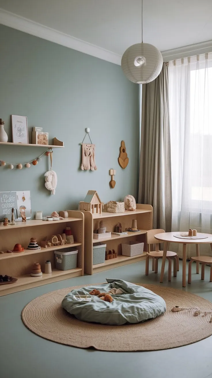 Soft blue walls and natural light bathe this Montessori-inspired nursery, creating a serene space for learning and play. The low floor bed, child-sized furniture, and open shelving filled with carefully selected toys foster independence and a love of learning from a young age. A truly beautiful and functional space for a toddler.
