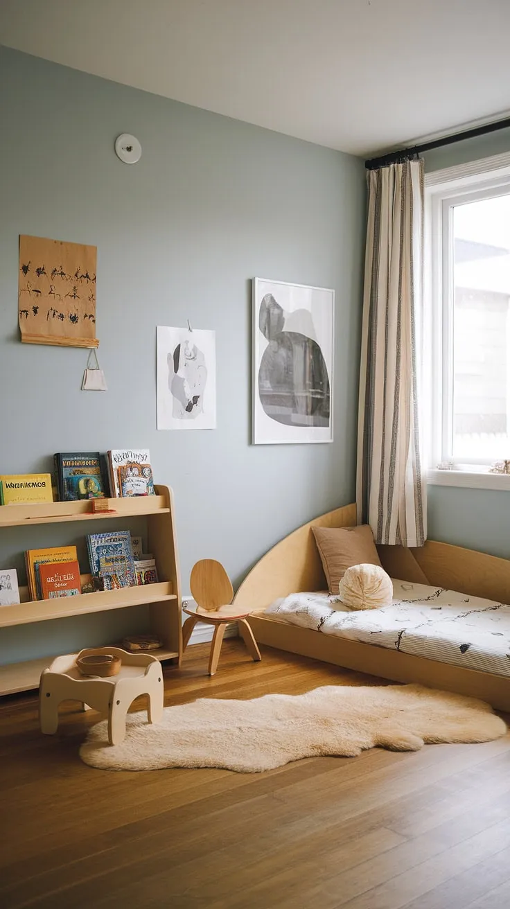 A calming sanctuary designed for little ones to explore and grow. The Montessori-inspired space encourages independence and creativity, with a focus on natural materials and thoughtful organization. A perfect blend of play and peaceful rest.