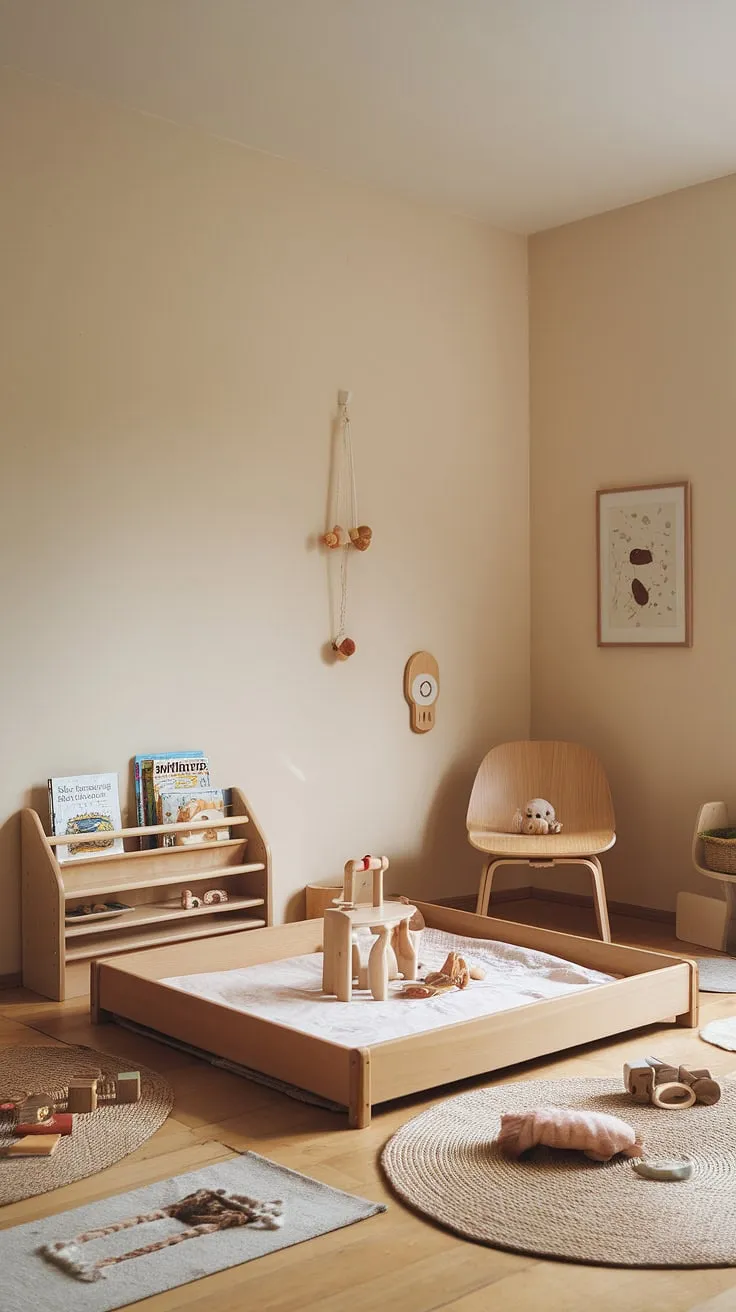 A haven of calm and learning, this minimalist Montessori nursery nurtures a child's natural curiosity. The low floor bed, thoughtfully chosen toys, and accessible books create a space where independence and exploration thrive. A perfect blend of simplicity and functionality.