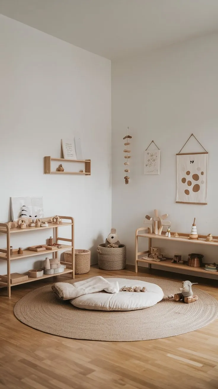 A haven of calm and learning, this minimalist Montessori nursery nurtures a child's natural curiosity with thoughtfully curated toys and a peaceful environment. The low floor bed encourages independence and a sense of security, while the open shelving promotes self-directed play.