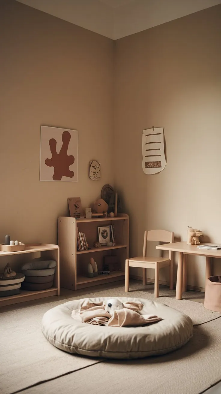 A haven of calm and learning, this minimalist Montessori nursery nurtures a child's natural curiosity. The thoughtfully curated space, with its floor bed, small bookshelf, and simple toys, encourages independent play and exploration. A perfect blend of functionality and beauty, it's a room designed for growth and development.