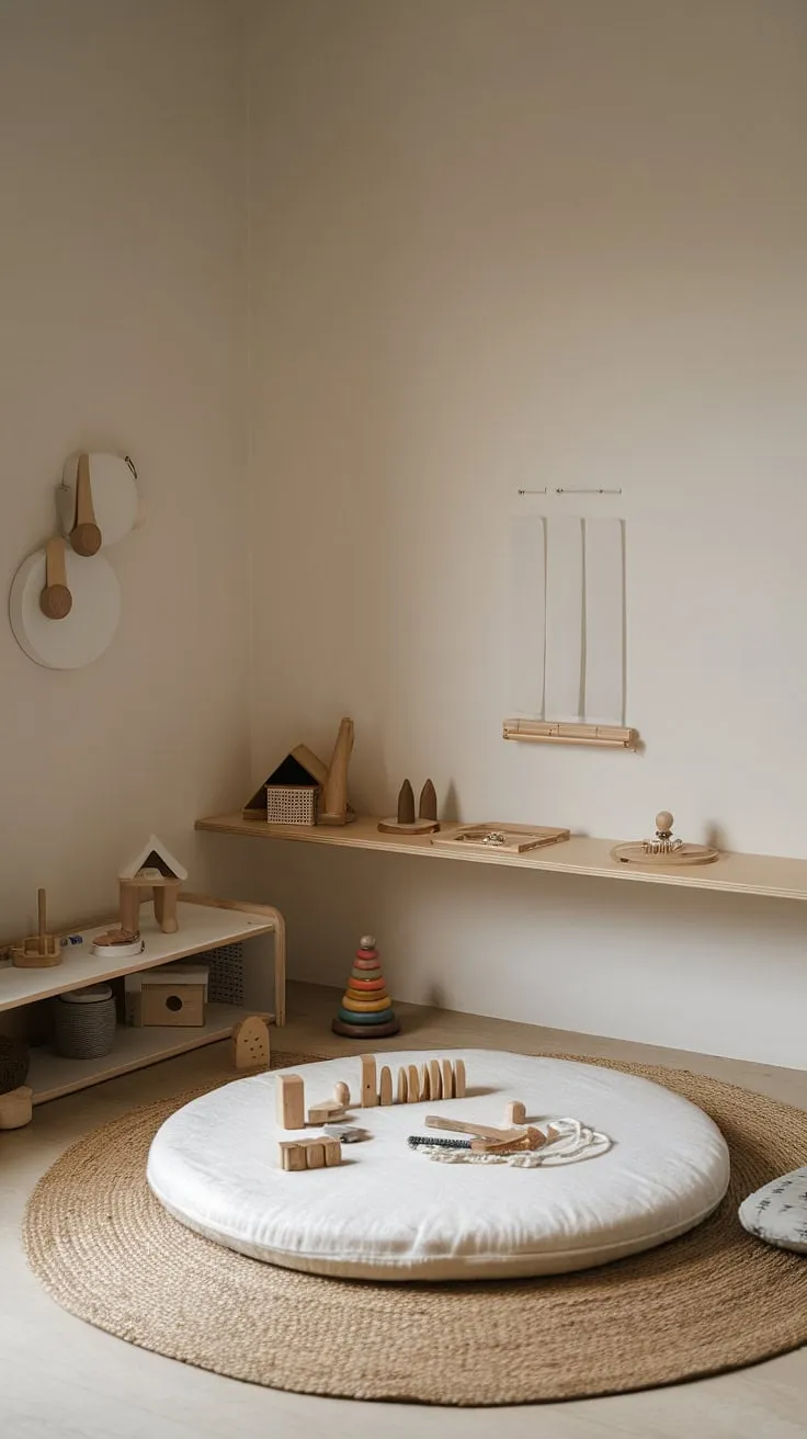 This serene Montessori nursery, designed with a floor bed and minimal distractions, fosters independence and self-directed play. The carefully curated selection of toys, including the wooden blocks and musical instruments, promotes creativity and sensory exploration. A truly inspiring space for a child's journey of discovery.