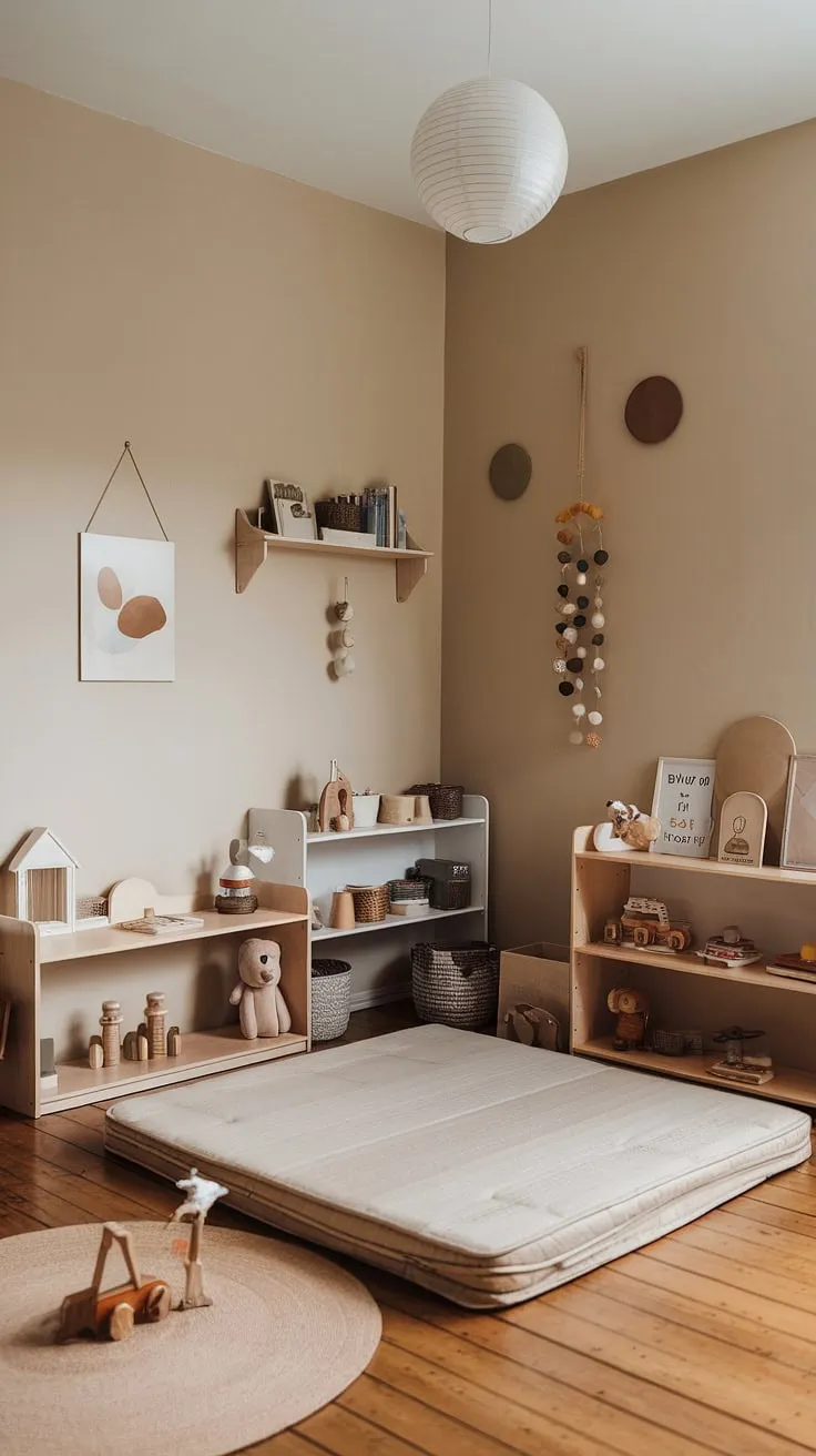 A haven of calm and learning, this minimalist Montessori nursery nurtures independent play and restful sleep. The thoughtfully curated environment, with toys and books within easy reach, encourages self-directed exploration and a love of learning from a young age. A sense of peace pervades the space, fostering a secure and stimulating atmosphere for the little one.