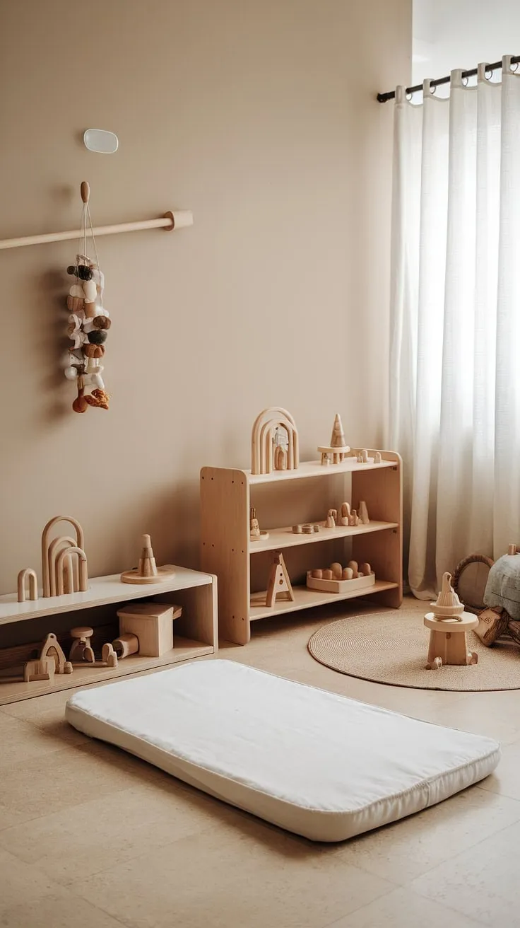 A haven of calm and learning, this minimalist Montessori nursery nurtures a child's natural curiosity. The low floor bed, thoughtfully chosen toys, and serene atmosphere create a space where independence and exploration flourish. A perfect blend of simplicity and functionality.