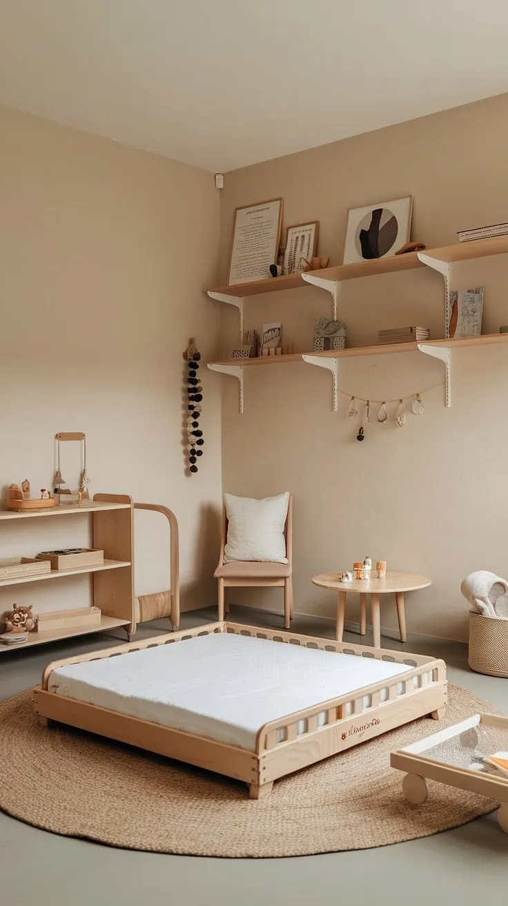 This thoughtfully curated Montessori nursery provides a haven for a toddler to explore, learn, and rest. The low floor bed, open shelving, and child-sized furniture promote independence and a sense of agency. A neutral color palette and natural materials create a calming atmosphere conducive to both play and sleep, ensuring a peaceful and stimulating environment for the little one.