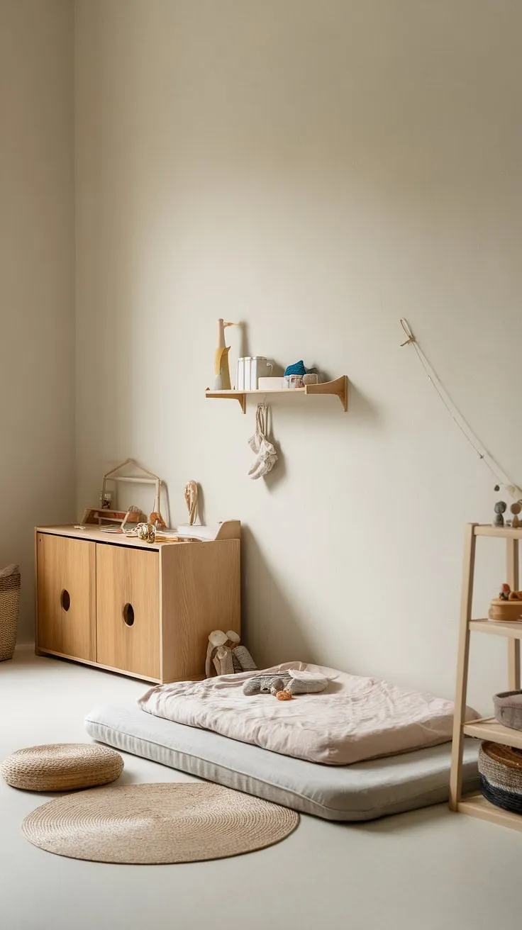 A haven of calm and learning, this minimalist Montessori nursery nurtures a child's natural curiosity. The thoughtfully chosen toys and simple design encourage independent play and exploration, creating a space where little ones can thrive. A perfect blend of functionality and beauty.