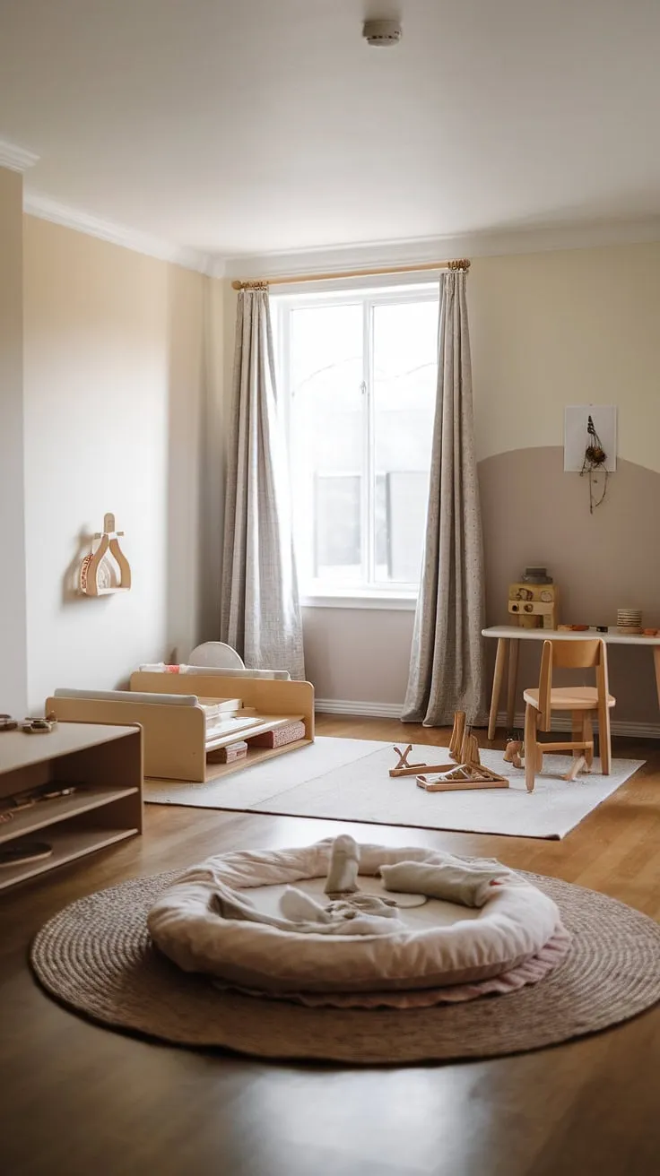 A haven of calm and learning: this minimalist Montessori nursery nurtures independent play and peaceful rest, all within a thoughtfully curated space. The low floor bed, small table, and carefully chosen toys encourage self-directed exploration and a sense of calm.