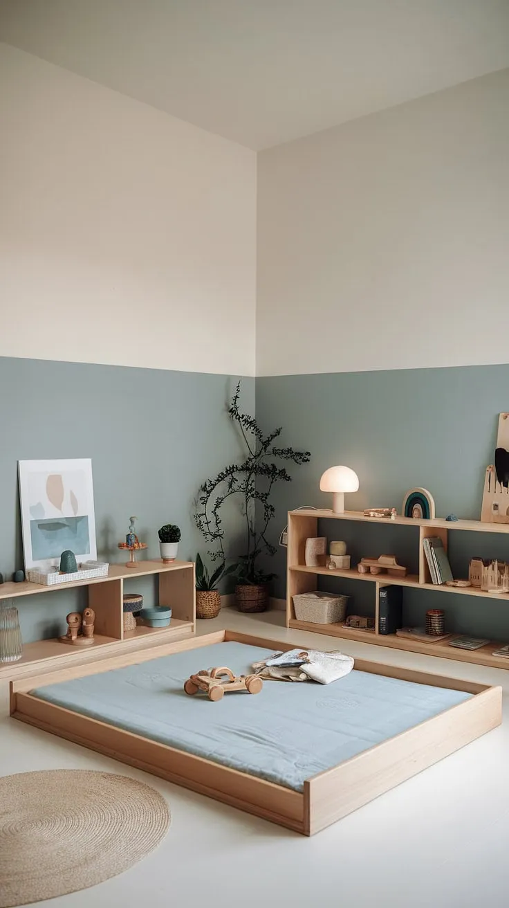 Serene and simple: This minimalist Montessori nursery, painted in calming shades of blue and white, offers a peaceful haven for sleep and play. The low floor bed, thoughtfully placed amongst carefully curated Montessori materials, encourages independence and exploration. A perfect space for a child to thrive.