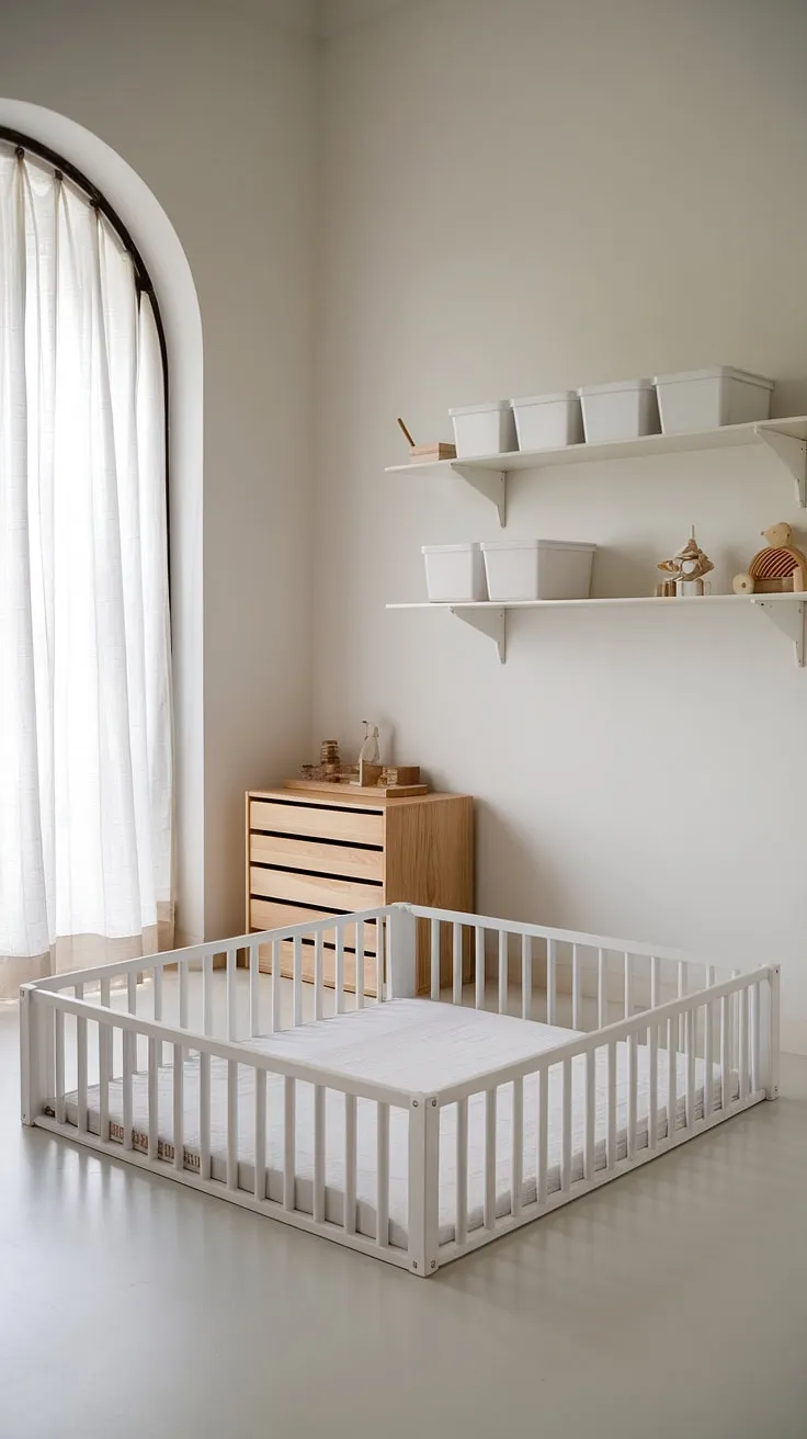 Soft light streams into this minimalist nursery, creating a peaceful space for rest and play. The clean lines and neutral palette of the room, featuring a floor bed and simple wooden storage, foster a sense of calm and allow the child's personality to shine. A perfect example of how less can truly be more.