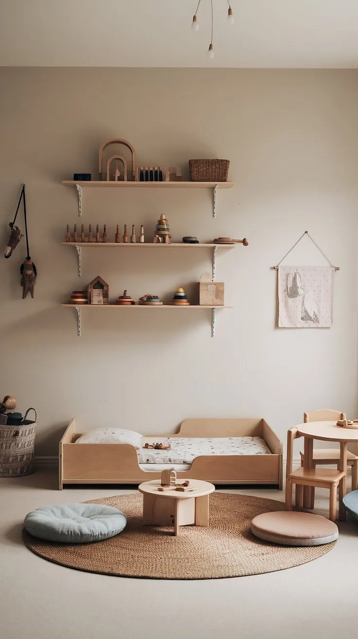 This toddler's room is a beautiful example of a Montessori-inspired space. The neutral color palette and natural materials create a serene atmosphere, while the accessible shelves and age-appropriate toys foster a love of learning and self-directed play. A truly inspiring environment for growth and development.