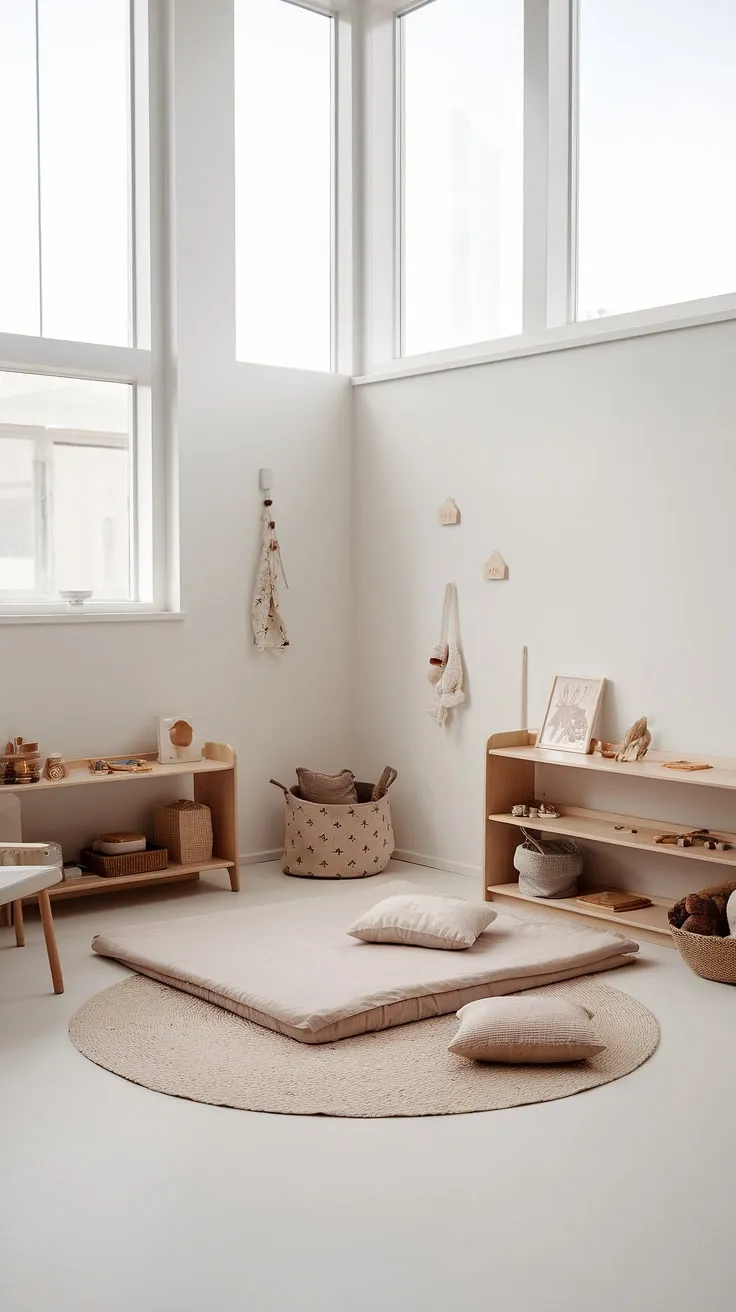 A haven of calm and learning, this minimalist Montessori nursery nurtures a child's natural curiosity. The thoughtfully curated space, with its low floor bed and accessible toys, encourages independence and exploration. A perfect blend of simplicity and functionality, it's a testament to the power of mindful design.