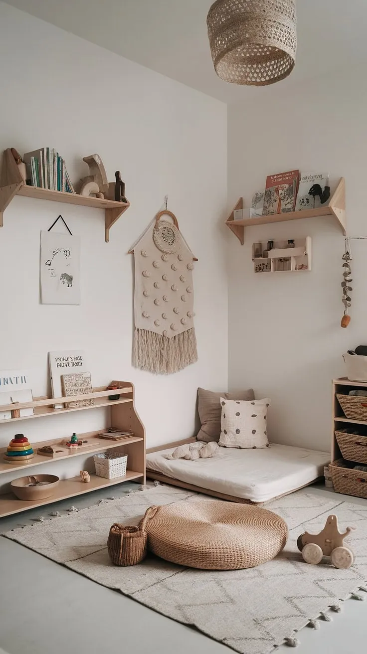 A haven of calm and learning, this minimalist Montessori nursery nurtures a child's natural curiosity. The thoughtfully curated space, with its low floor bed and accessible shelves, encourages independence and exploration. A perfect blend of functionality and beauty, it's a space designed for growth and play.