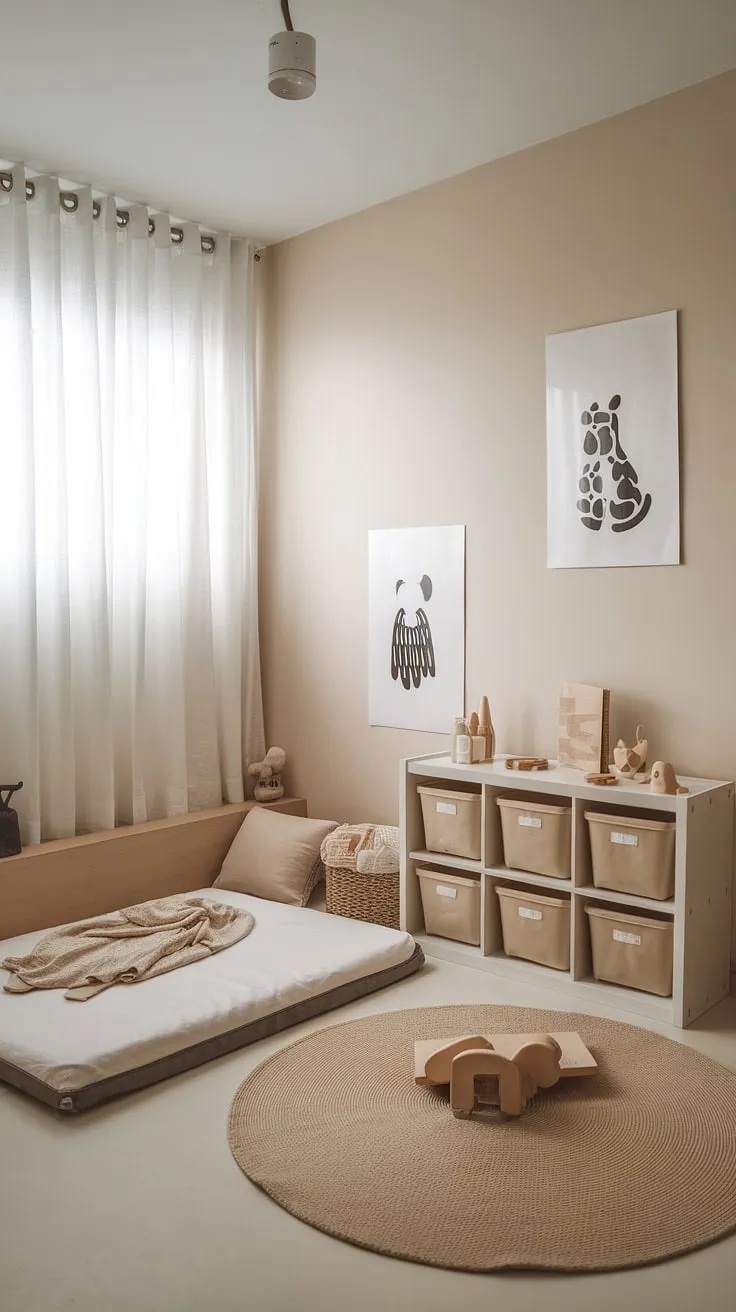 Serene and simple: This minimalist Montessori nursery nurtures a sense of calm with its neutral palette, natural light, and thoughtfully curated space. The floor bed provides a safe and comforting environment for restful sleep and independent play. A perfect haven for little ones to explore and grow.
