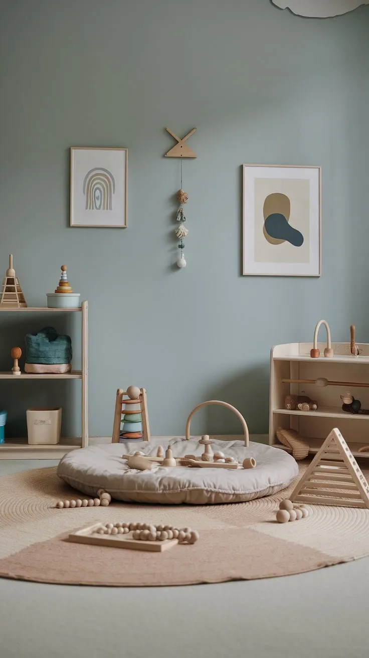 This thoughtfully curated Montessori nursery nurtures a love of learning from the very beginning. The low floor bed, accessible toys, and calming color palette create a space where your toddler can explore, play, and rest peacefully. A haven of simplicity, designed to support your child's development and independence.