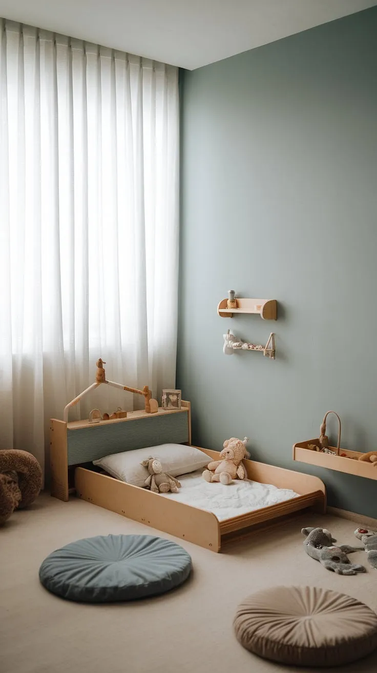 This calming Montessori-inspired nursery, painted in a soothing blue, prioritizes simplicity and functionality. A comfortable floor bed, a few carefully chosen toys, and soft cushions create a space where a toddler can explore, play, and rest peacefully. The natural light and airy feel contribute to a sense of well-being.