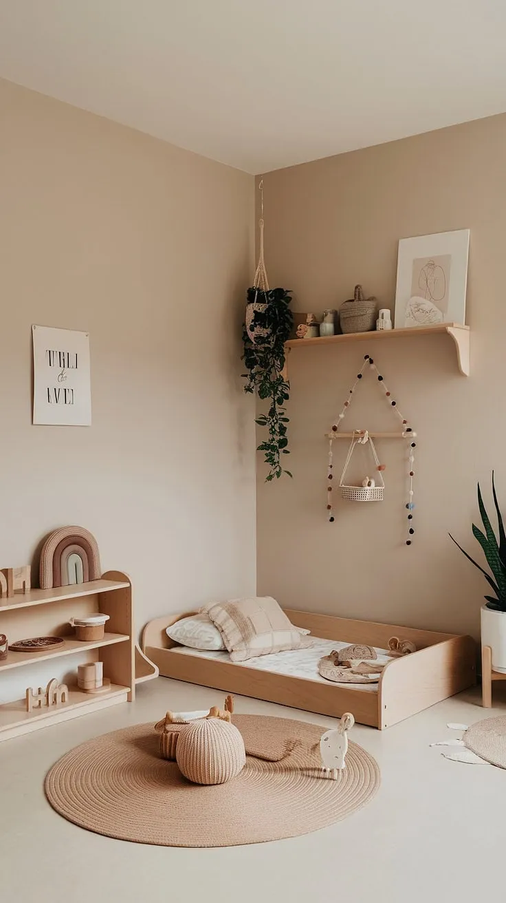 Soft beige walls and natural light create a serene atmosphere in this toddler's Montessori room. The simple, uncluttered design promotes focus and allows for imaginative play, fostering a sense of peace and security. A space designed for growth and development.