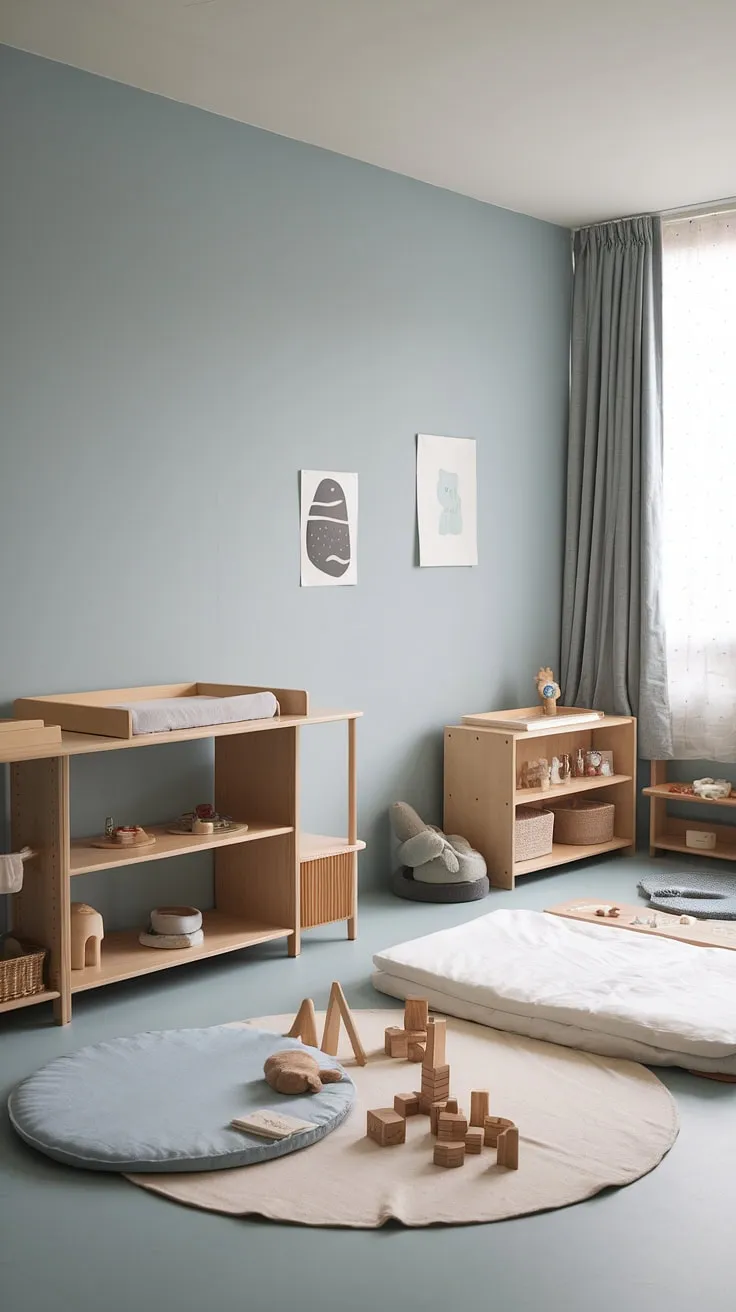 Serene and simple, this Montessori nursery nurtures a love of learning from day one. The calming blue walls, natural wood furniture, and thoughtfully chosen toys create a peaceful haven for sleep and play. A floor bed encourages independence and fosters a sense of security.