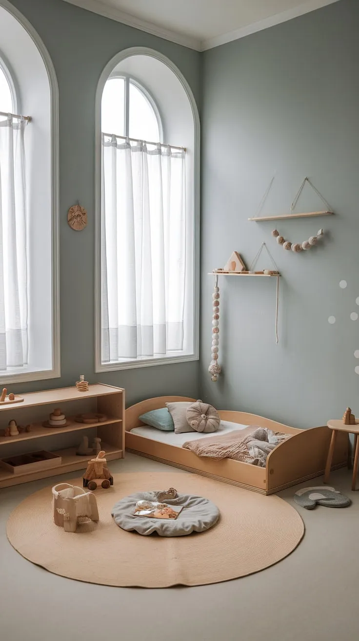 A haven of calm and learning, this minimalist Montessori nursery nurtures a child's natural curiosity. The low floor bed, thoughtfully chosen toys, and soft textures create a space where imagination flourishes and independence blossoms. A perfect blend of simplicity and functionality.