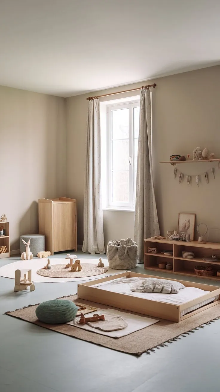 A haven of calm and learning, this minimalist Montessori nursery nurtures a child's natural curiosity with thoughtfully chosen, open-ended toys and a spacious, light-filled environment. The low floor bed encourages independence and a sense of security.