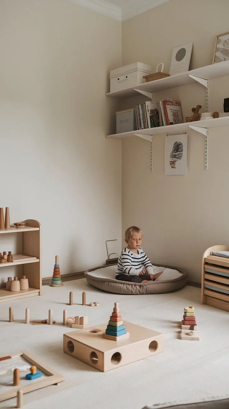 In this serene Montessori nursery, a child's imagination takes flight. The carefully chosen, natural elements-from the wooden toys to the calming color palette-create a space where learning is effortless and joy is abundant. A testament to the power of mindful design.