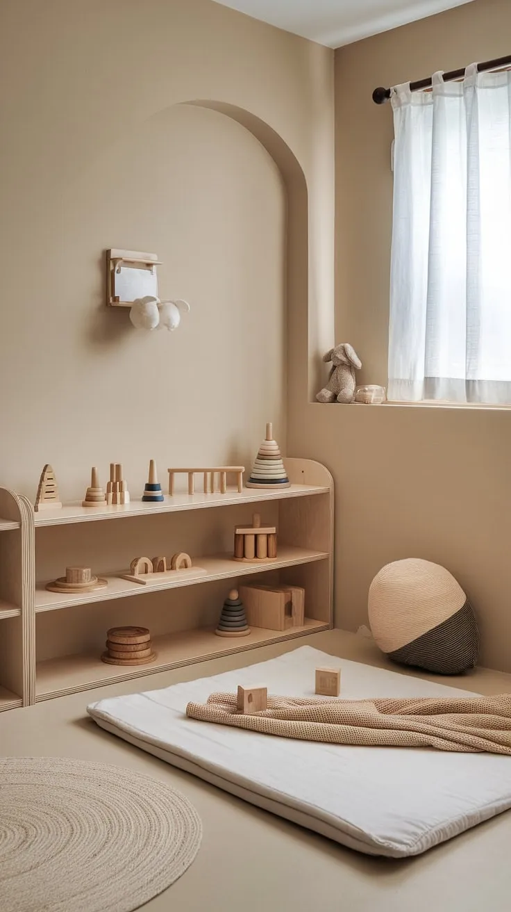 A haven of calm and learning, this minimalist Montessori nursery nurtures a child's natural curiosity. The thoughtfully curated space, with its simple wooden toys and floor bed, encourages independent play and exploration. A perfect environment for little ones to grow and thrive.