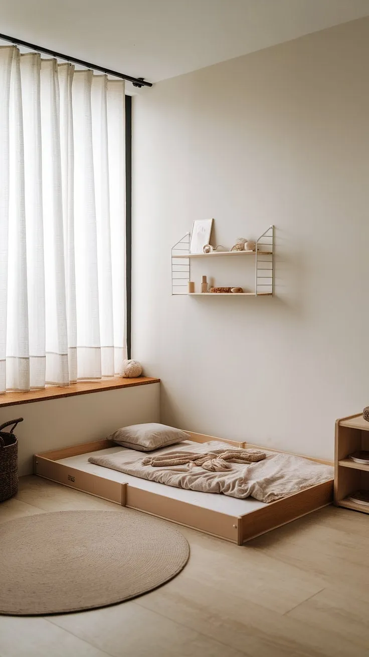 A haven of calm and learning, this minimalist Montessori nursery nurtures a child's natural curiosity. The thoughtfully curated space, with its simple wooden bed and floating shelves, encourages independent play and restful sleep. A perfect blend of functionality and beauty.
