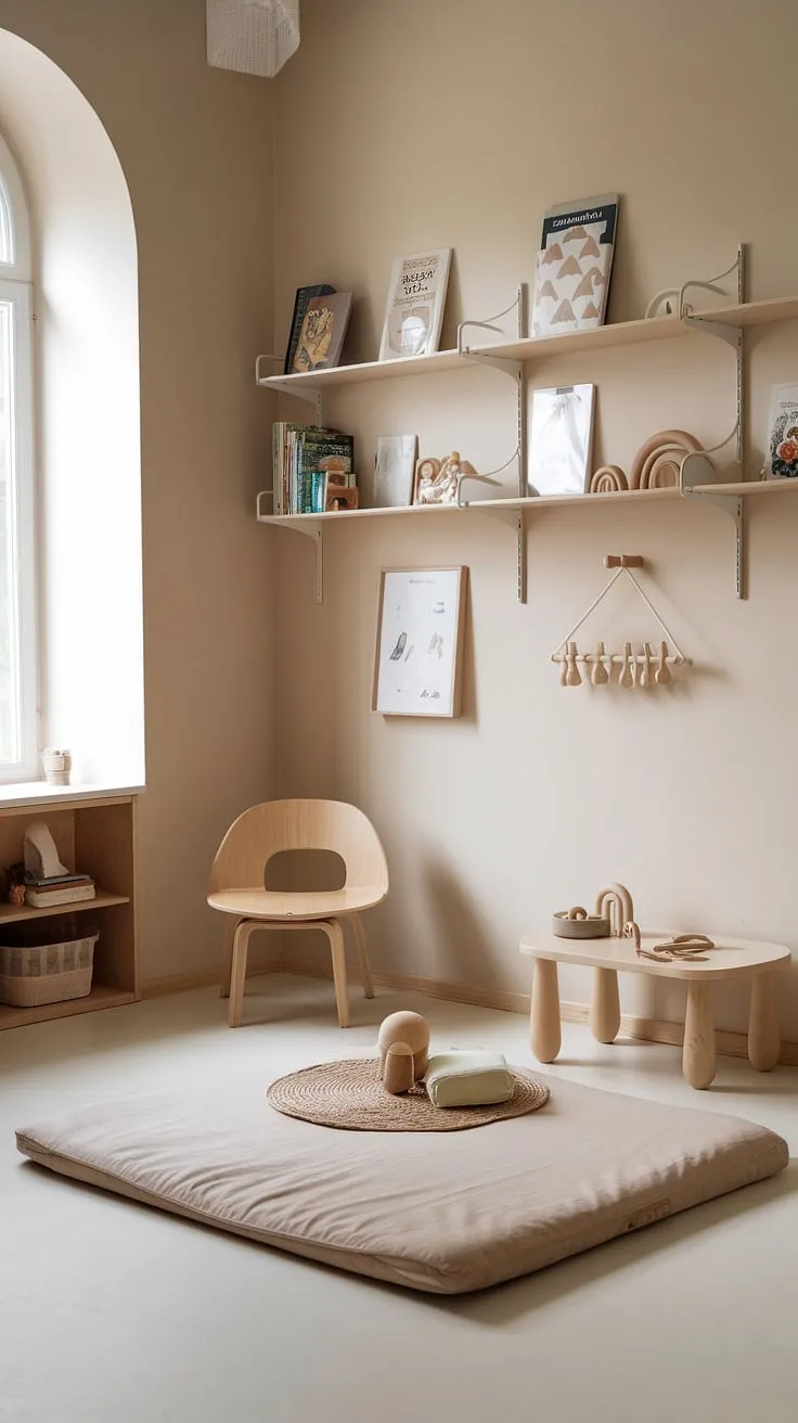 Soft light streams into this serene Montessori nursery, a sanctuary of gentle exploration. A few carefully selected toys and books, arranged on low shelves, encourage independent play. The simple, beautiful design fosters a sense of peace and allows the child's personality to shine. A truly inspiring space.