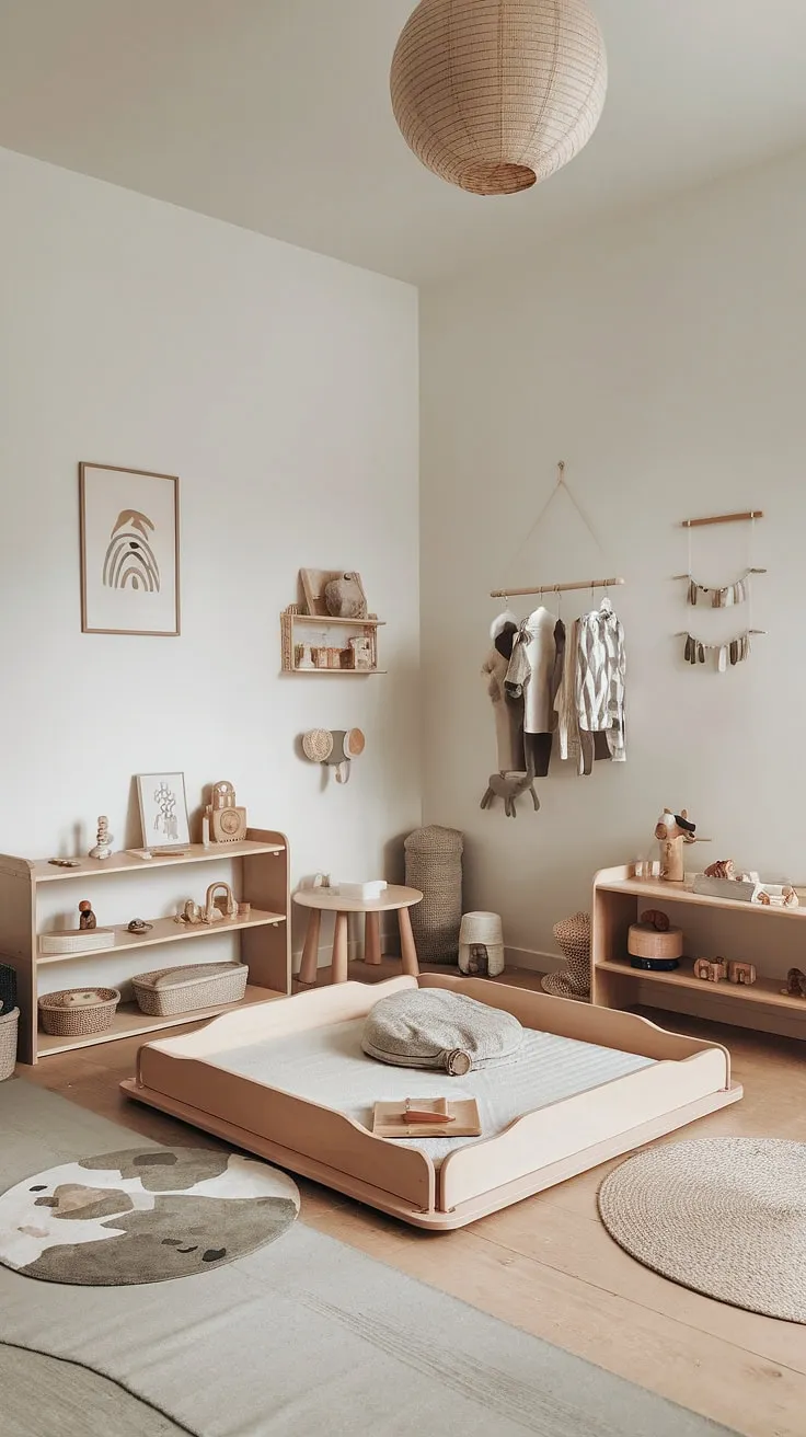 A haven of calm and learning, this minimalist Montessori nursery nurtures a child's natural curiosity. The thoughtfully curated toys and open shelving encourage independent play and exploration, fostering a love of learning from the very beginning. A space designed for growth and wonder.