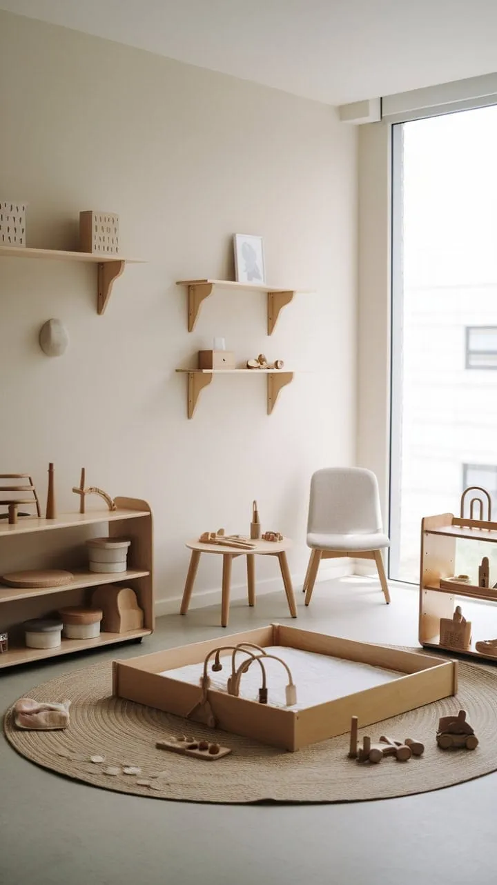 This Montessori nursery, drenched in natural light and adorned with minimalist decor, creates a serene playground that nurtures a child's innate curiosity and organic learning.