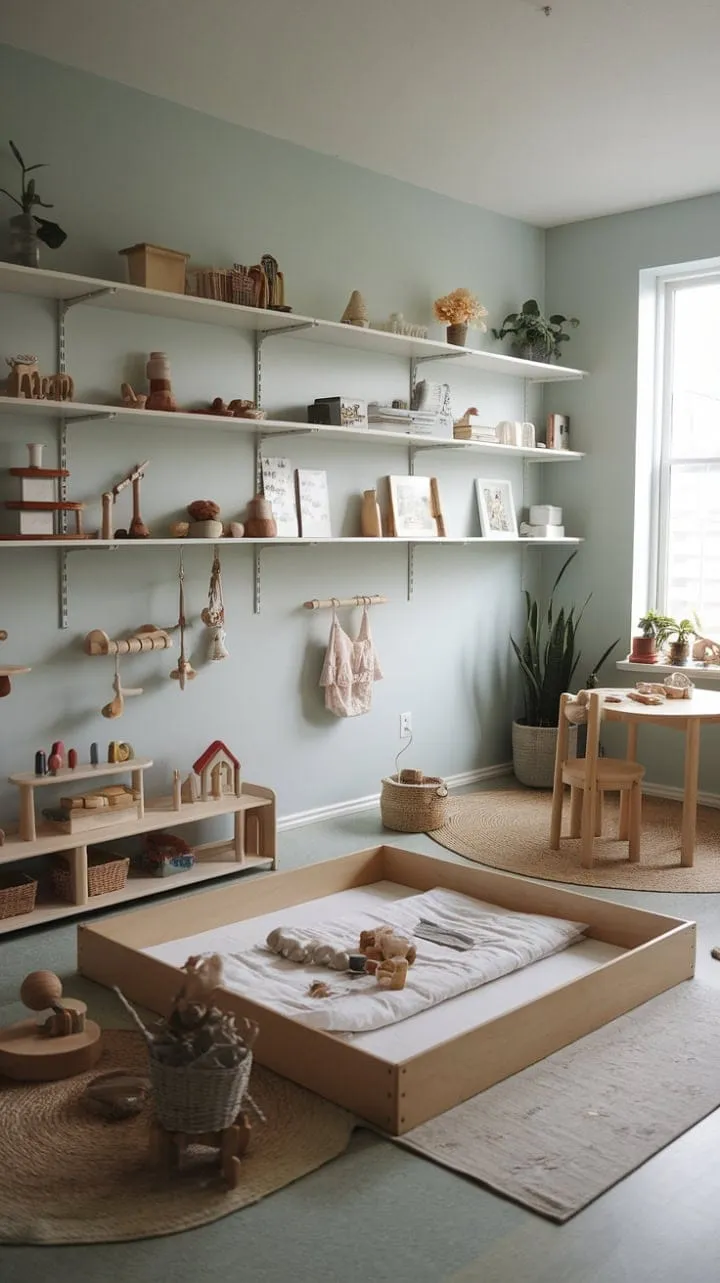 This tranquil Montessori nursery, adorned with soft blue walls and bathed in natural light, features a cozy floor bed and vibrant open shelves that inspire both restful slumber and joyful learning.