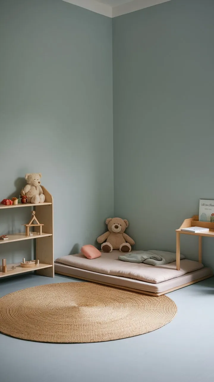 This minimalist Montessori nursery fosters a child's innate curiosity through a thoughtfully designed space that encourages exploration and comfort.