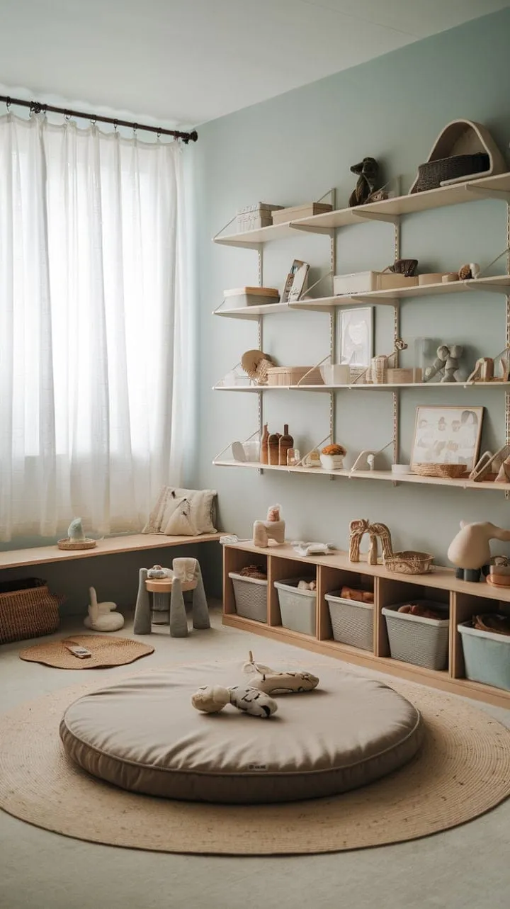 This minimalist Montessori nursery is a serene sanctuary that fosters independent exploration and nurtures a child's innate curiosity through thoughtfully designed, beautiful spaces.