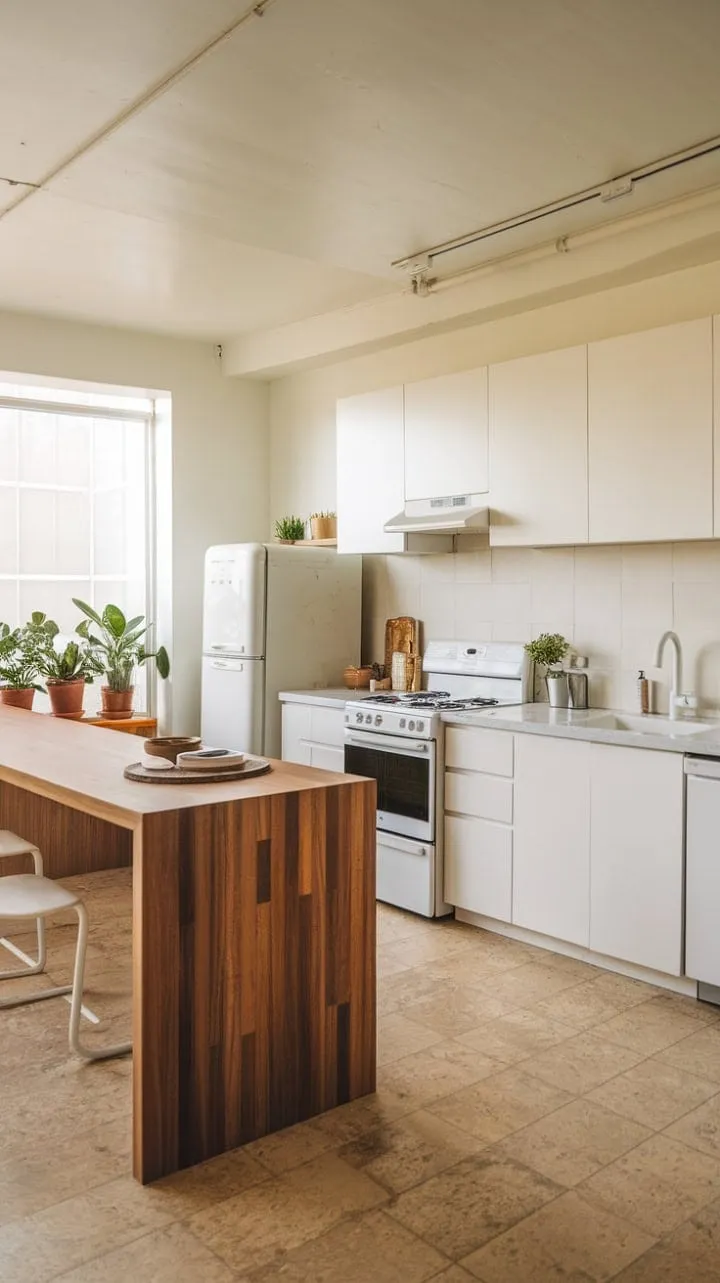 Sunlight bathes the minimalist kitchen in warmth, where a wooden island and curated plants create a serene oasis of effortless style.