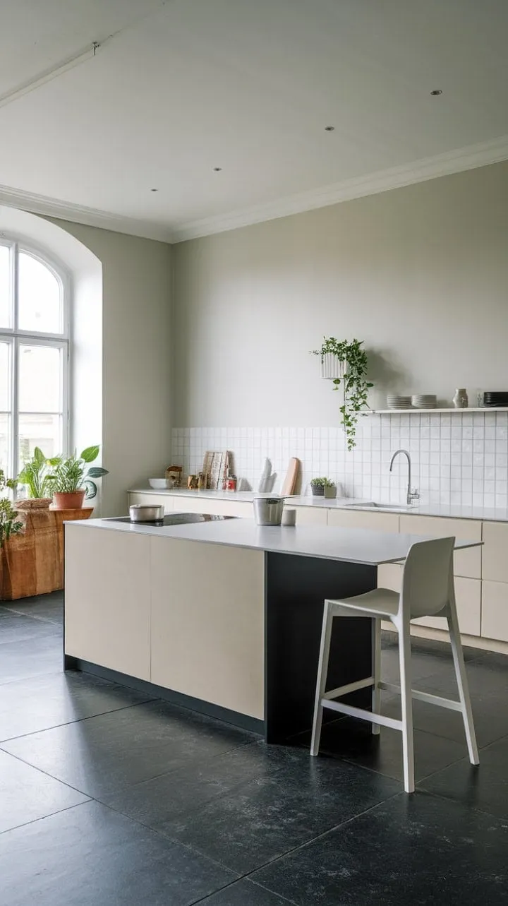 This minimalist kitchen harmoniously blends stark contrasts of white, dark grey, and vibrant green, creating an airy and sophisticated heart of the home.