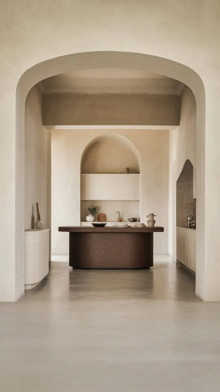 Bathed in sunlight, this minimalist kitchen features a sleek dark brown island and thoughtfully arranged utensils, creating a serene oasis for effortless living.