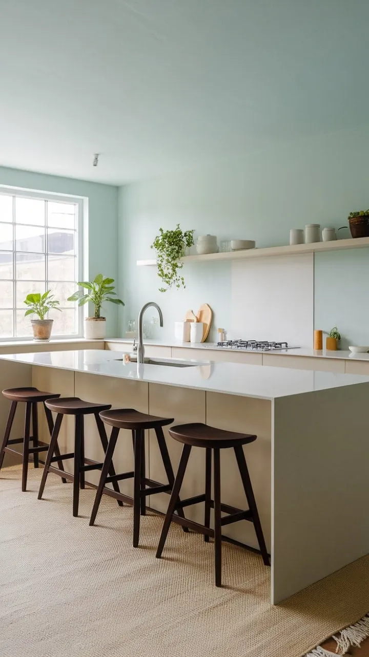 This minimalist kitchen harmoniously blends serene sophistication with modern functionality, featuring a striking white island, calming blue walls, warm wooden stools, and vibrant potted plants.
