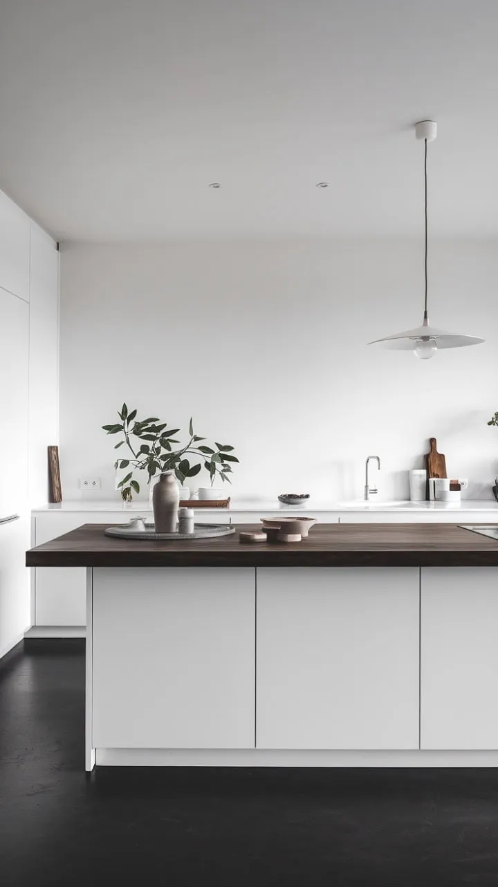 This minimalist kitchen blends clean lines and dark wood accents with greenery, creating a serene oasis for culinary creativity and quiet reflection.