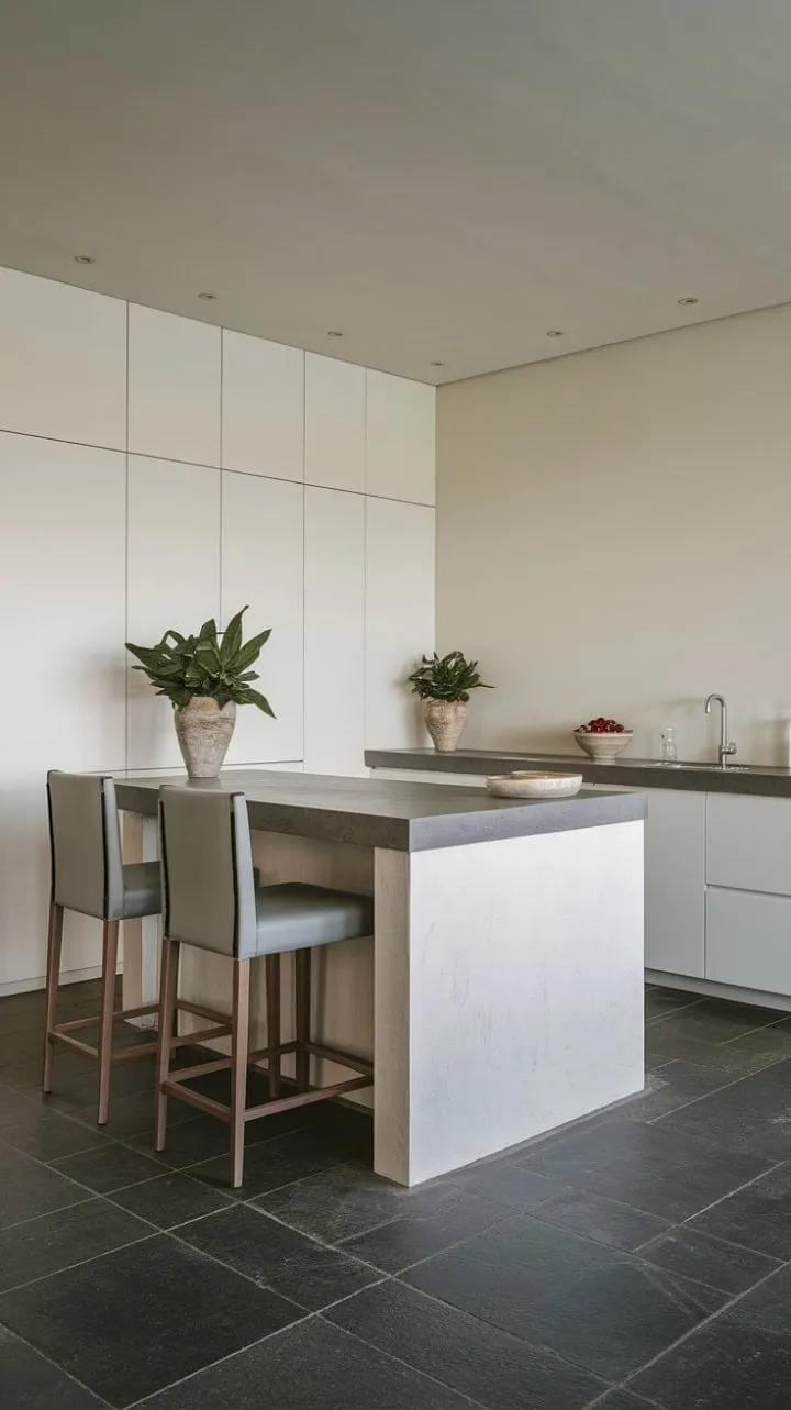 This minimalist kitchen harmoniously blends cool grey tones with bright white cabinets and vibrant green plants, creating a functional yet aesthetically pleasing space for cooking and relaxation.