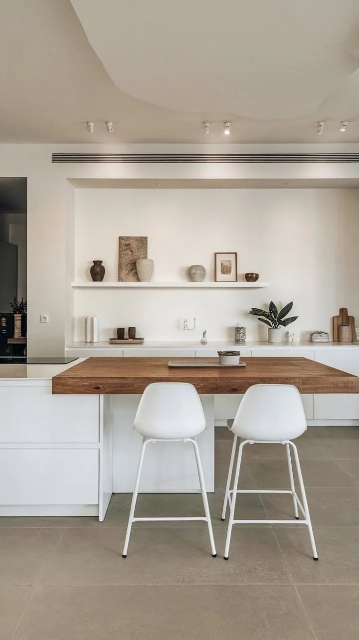 Bathed in sunlight, this minimalist kitchen harmoniously combines warm wood, sleek white cabinetry, and curated decor, inviting you to linger in its functional beauty.