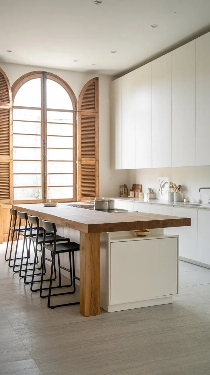 This minimalist kitchen blends clean lines and warm wood with rustic charm, featuring a spacious butcher block island and sunlit white cabinetry that create a serene gathering space.