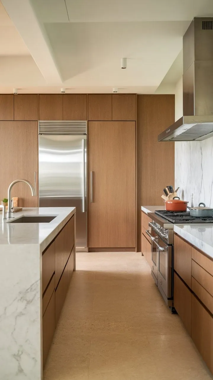 This minimalist kitchen blends understated luxury with a serene ambiance, featuring a grand marble island and warm wood accents that inspire both culinary creativity and peaceful reflection.