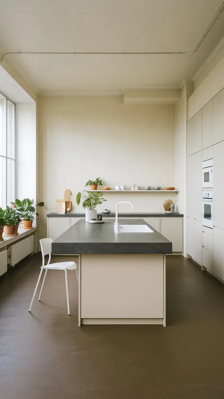 This modern kitchen is a study in understated elegance. The spacious island, complete with a sleek white sink, provides ample workspace and a central gathering point. The dark flooring and light walls create a sophisticated contrast, complemented by the subtle greenery near the window. A sanctuary for culinary creativity.