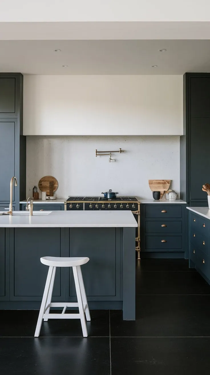 Sleek, sophisticated, and surprisingly spacious. This minimalist kitchen, with its dark grey island and crisp white countertops, is the epitome of modern design. The black tile floor adds a touch of drama, while the white backsplash keeps things bright and airy. A perfect blend of form and function.