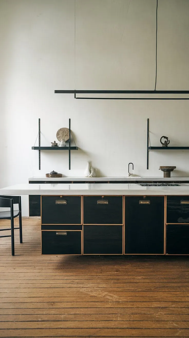 Clean lines, dark accents, and a spacious feel define this minimalist kitchen. The sleek island, topped with a pristine white countertop, is the perfect centerpiece, complemented by the warm wood flooring and thoughtfully curated shelving. A perfect blend of form and function.
