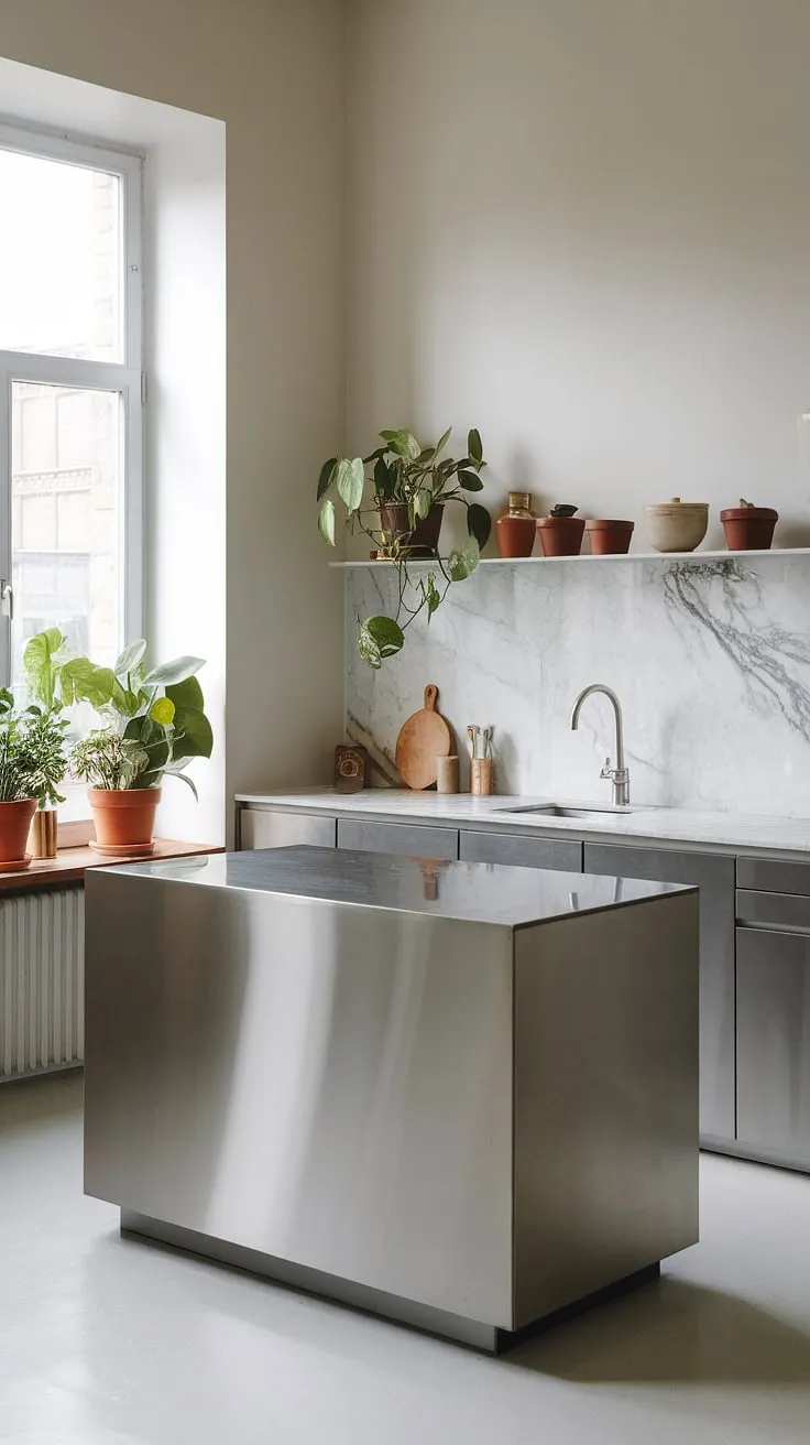 A modern kitchen designed for effortless living. The sleek stainless steel island and pristine marble countertop offer both beauty and functionality. A few carefully chosen plants add a touch of nature to this bright, white space, creating a truly serene atmosphere.