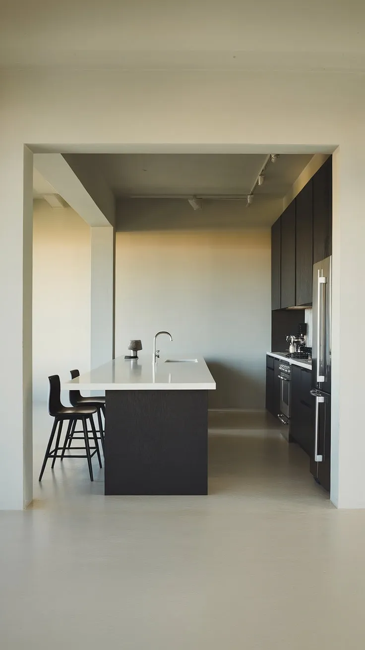 This minimalist kitchen is a study in understated elegance. The grey walls and floors provide a neutral backdrop for the black and white cabinetry, creating a calming and sophisticated atmosphere. A simple yet stunning space, perfect for those who appreciate clean lines and functional design.